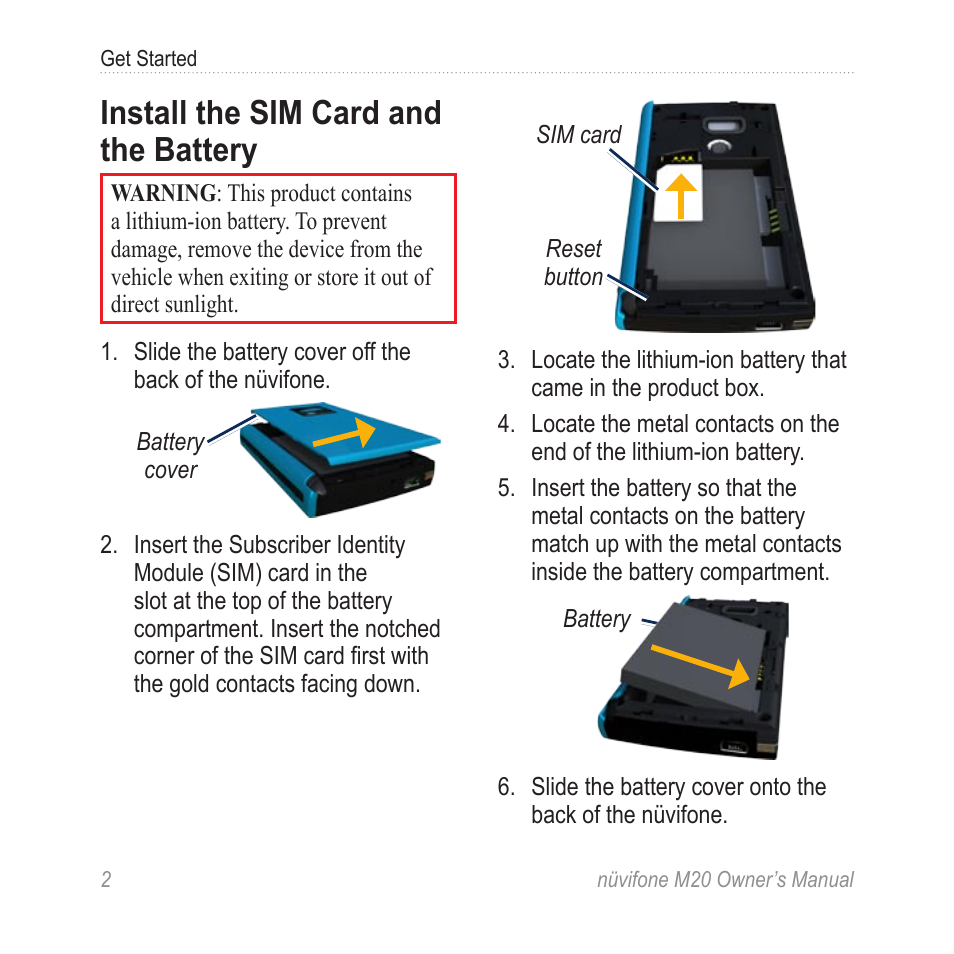 Install the sim card and the battery | Graco NuviFone m20 User Manual | Page 10 / 114