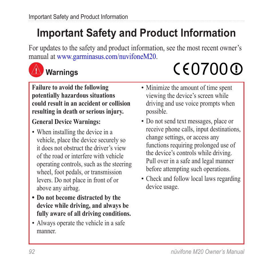 Important safety and product information, Important safety and product, Information | Graco NuviFone m20 User Manual | Page 100 / 114