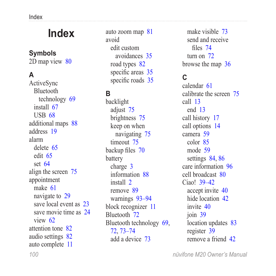 Index | Graco NuviFone m20 User Manual | Page 108 / 114