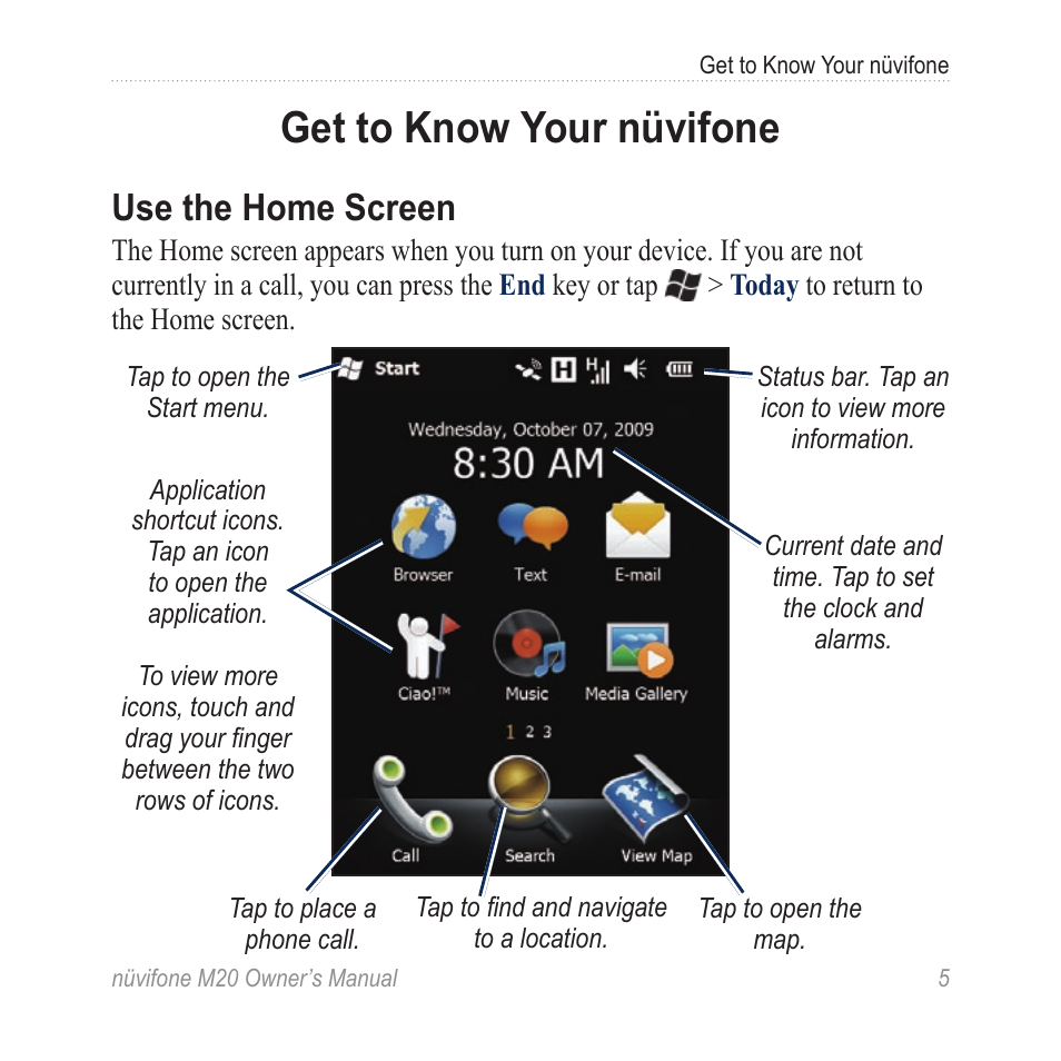 Get to know your nüvifone, Use the home screen | Graco NuviFone m20 User Manual | Page 13 / 114