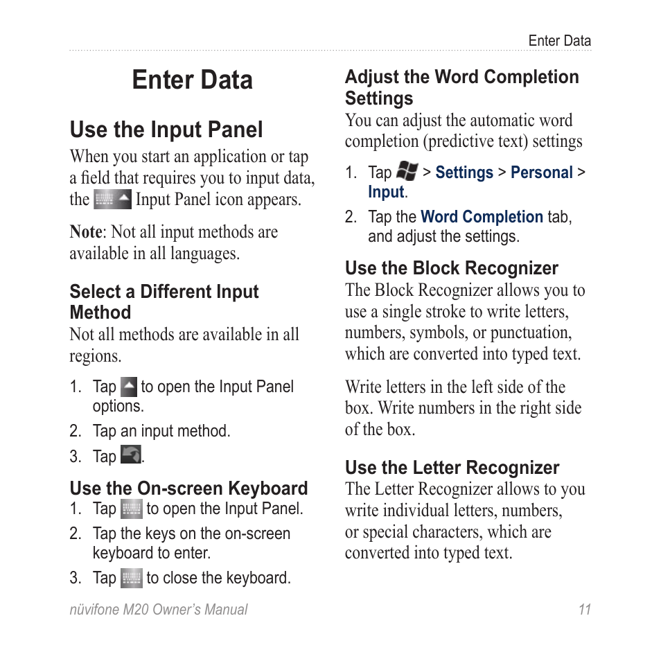 Enter data, Use the input panel | Graco NuviFone m20 User Manual | Page 19 / 114