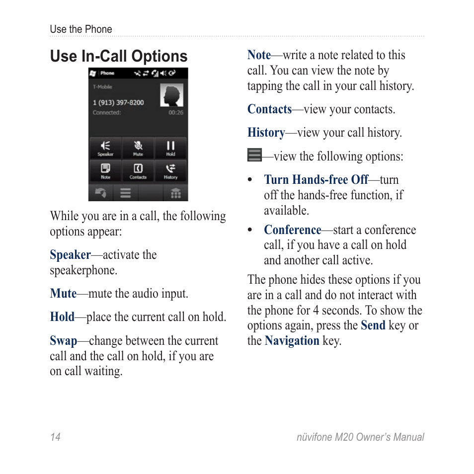Use in-call options | Graco NuviFone m20 User Manual | Page 22 / 114