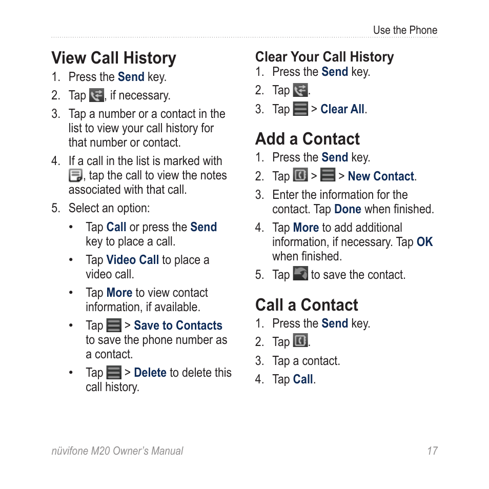 View call history, Add a contact, Call a contact | Graco NuviFone m20 User Manual | Page 25 / 114
