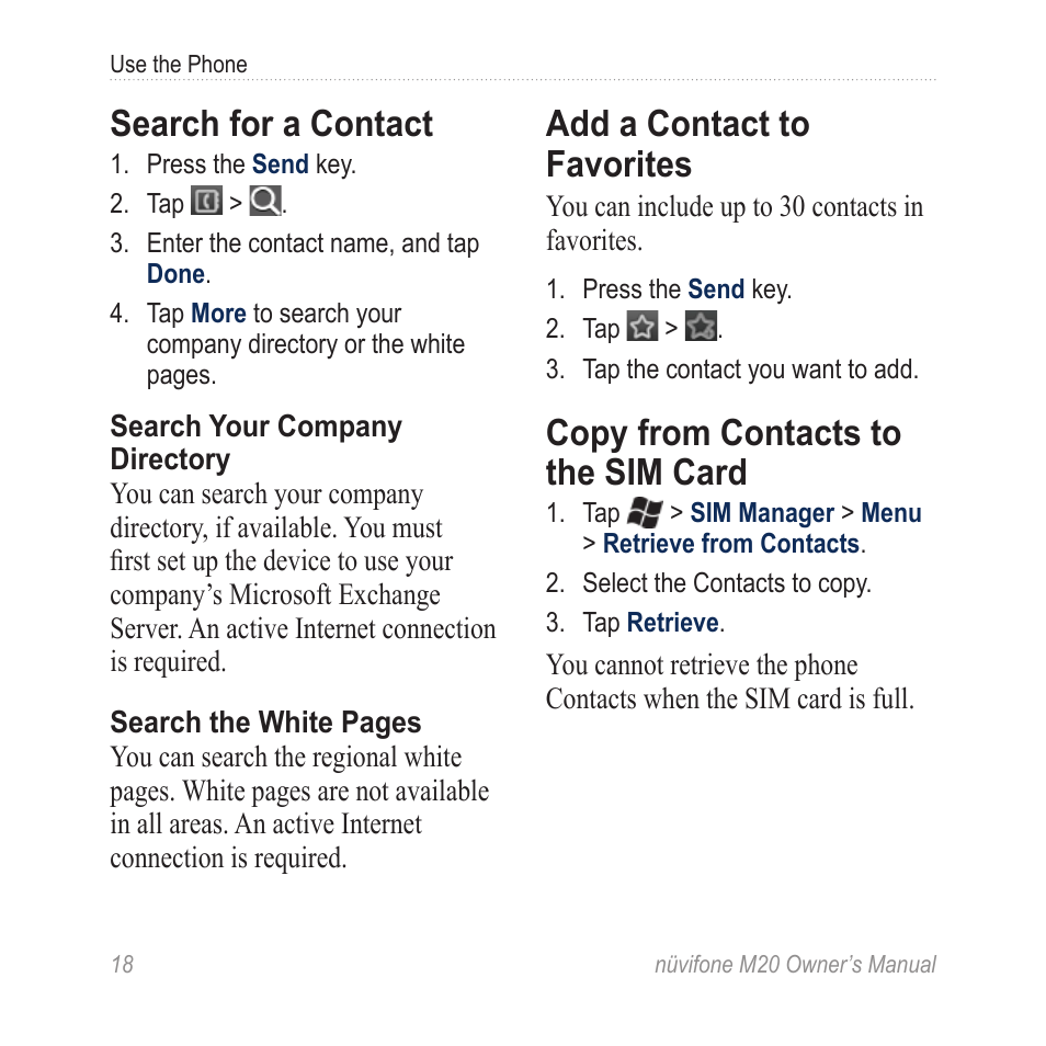 Search for a contact, Add a contact to favorites, Copy from contacts to the sim card | Graco NuviFone m20 User Manual | Page 26 / 114