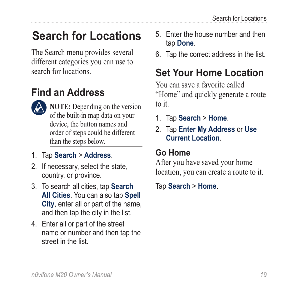 Search for locations, Find an address, Set your home location | Graco NuviFone m20 User Manual | Page 27 / 114