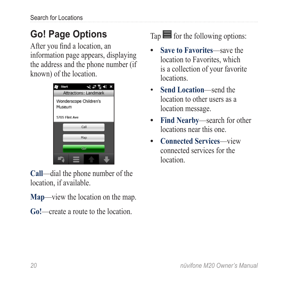 Go! page options | Graco NuviFone m20 User Manual | Page 28 / 114