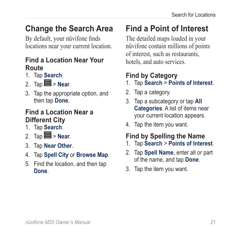 Change the search area, Find a point of interest | Graco NuviFone m20 User Manual | Page 29 / 114