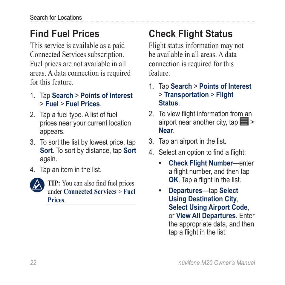 Find fuel prices, Check flight status | Graco NuviFone m20 User Manual | Page 30 / 114