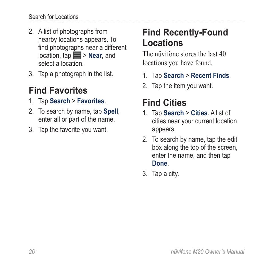 Find favorites, Find recently-found locations, Find cities | Graco NuviFone m20 User Manual | Page 34 / 114