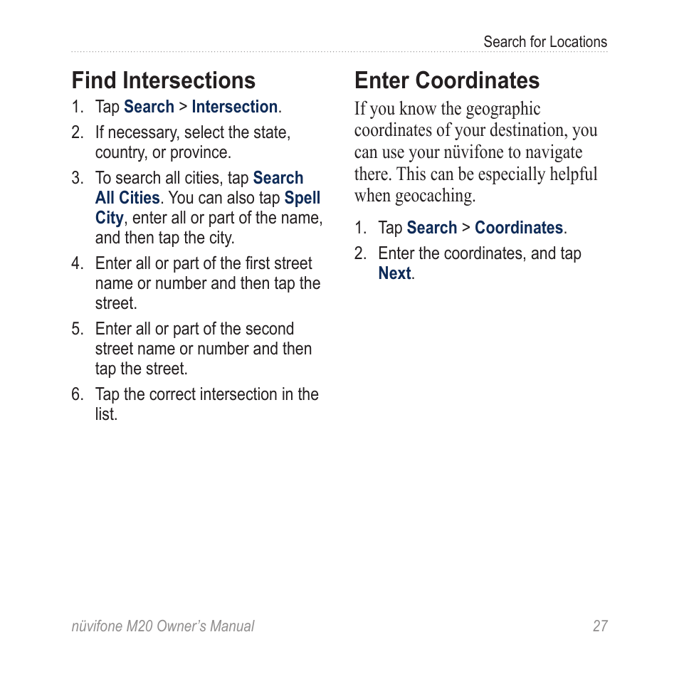 Find intersections, Enter coordinates | Graco NuviFone m20 User Manual | Page 35 / 114