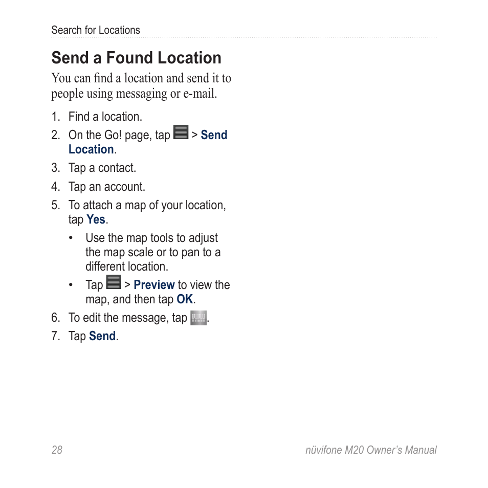 Send a found location | Graco NuviFone m20 User Manual | Page 36 / 114