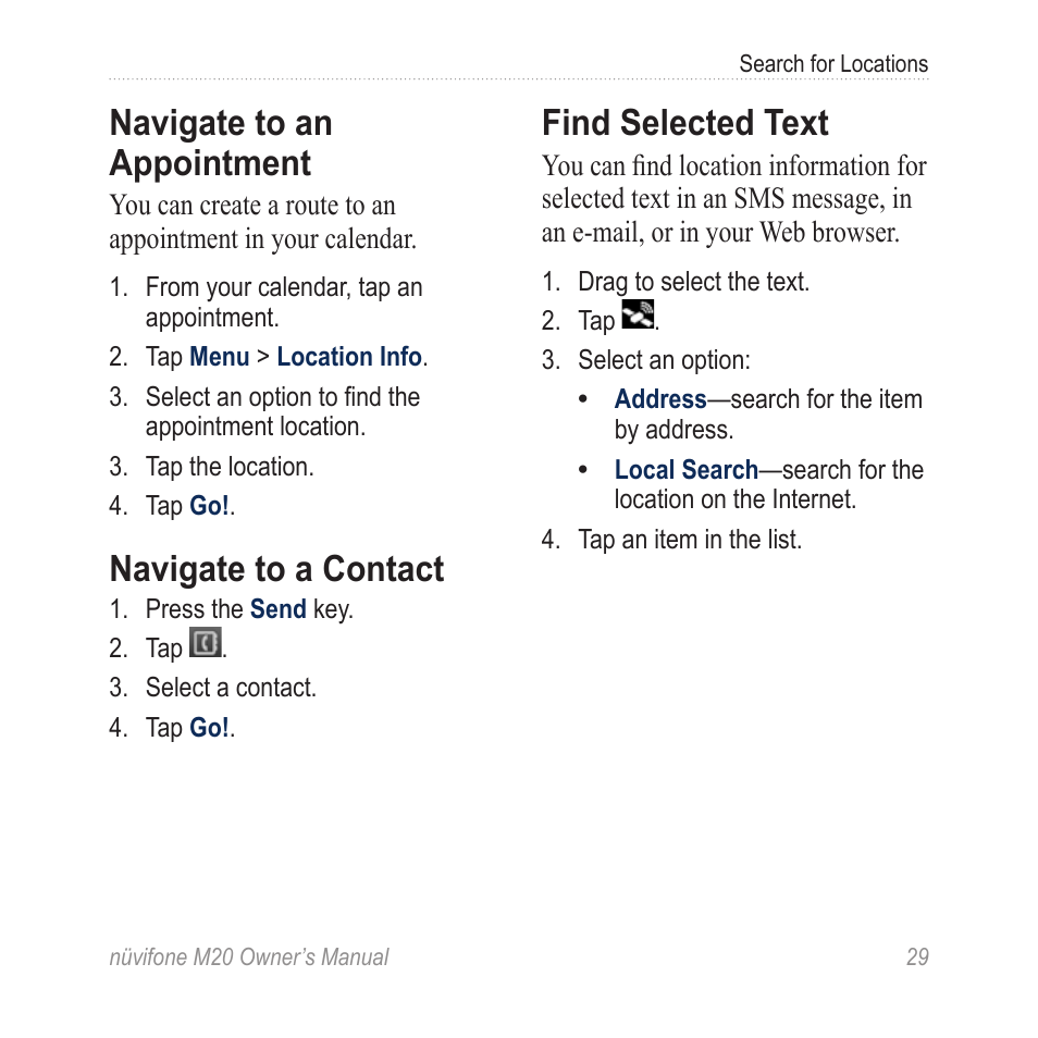 Navigate to an appointment, Navigate to a contact, Find selected text | Graco NuviFone m20 User Manual | Page 37 / 114