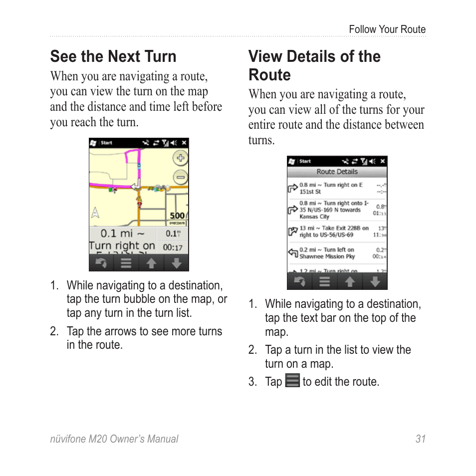 See the next turn, View details of the route | Graco NuviFone m20 User Manual | Page 39 / 114