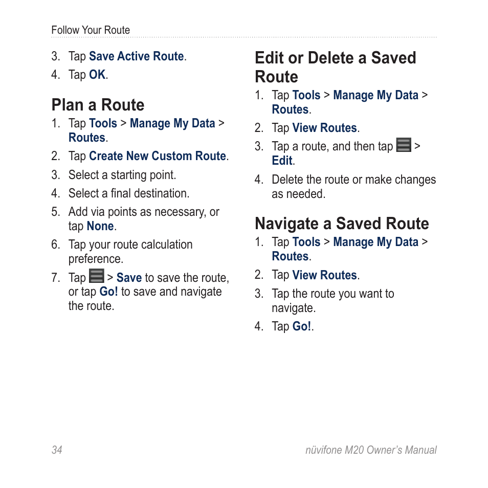 Plan a route, Edit or delete a saved route, Navigate a saved route | Graco NuviFone m20 User Manual | Page 42 / 114
