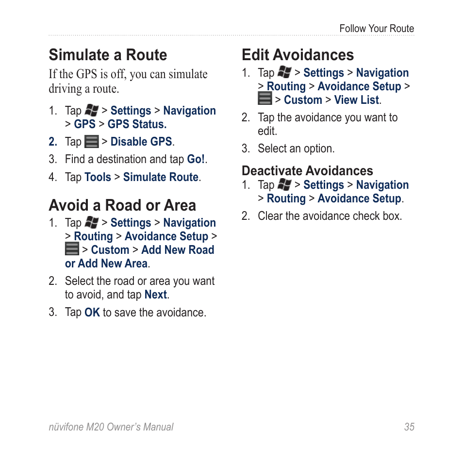 Simulate a route, Avoid a road or area, Edit avoidances | Graco NuviFone m20 User Manual | Page 43 / 114