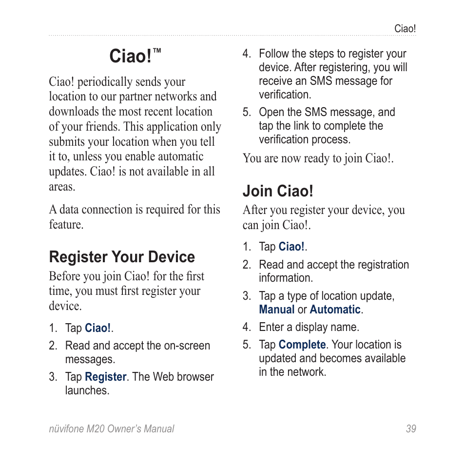 Ciao, Register your device, Join ciao | Graco NuviFone m20 User Manual | Page 47 / 114