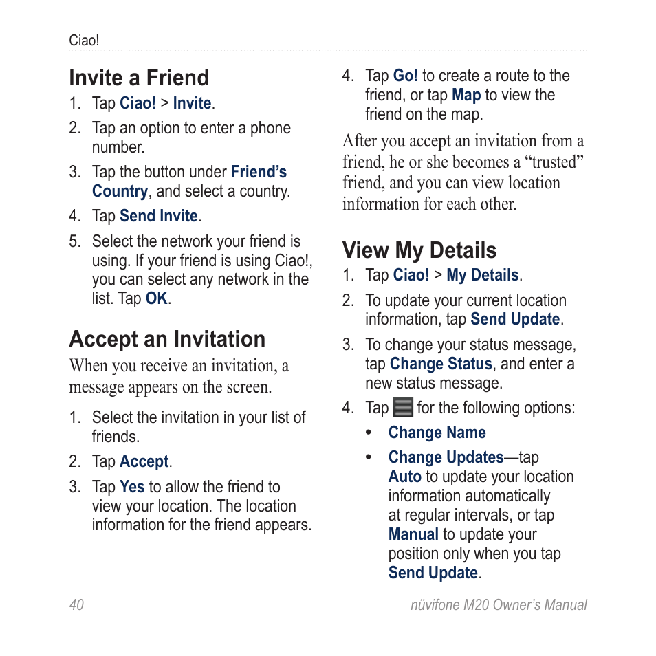 Invite a friend, Accept an invitation, View my details | Graco NuviFone m20 User Manual | Page 48 / 114