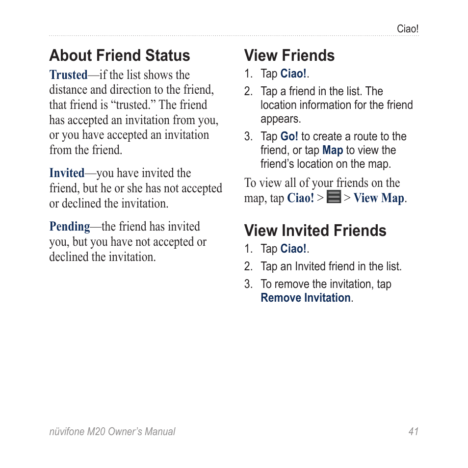 About friend status, View friends, View invited friends | Graco NuviFone m20 User Manual | Page 49 / 114