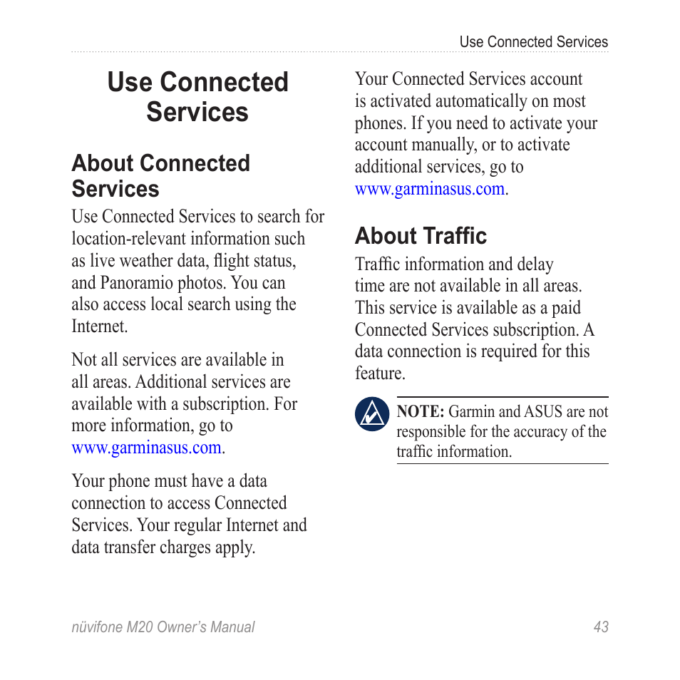 Use connected services, About connected services, About traffic | Graco NuviFone m20 User Manual | Page 51 / 114