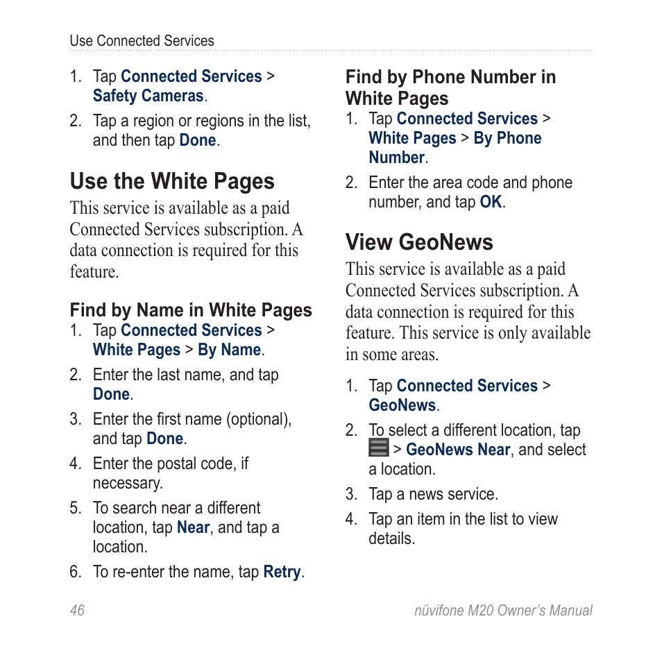 View geonews, Use the white pages | Graco NuviFone m20 User Manual | Page 54 / 114