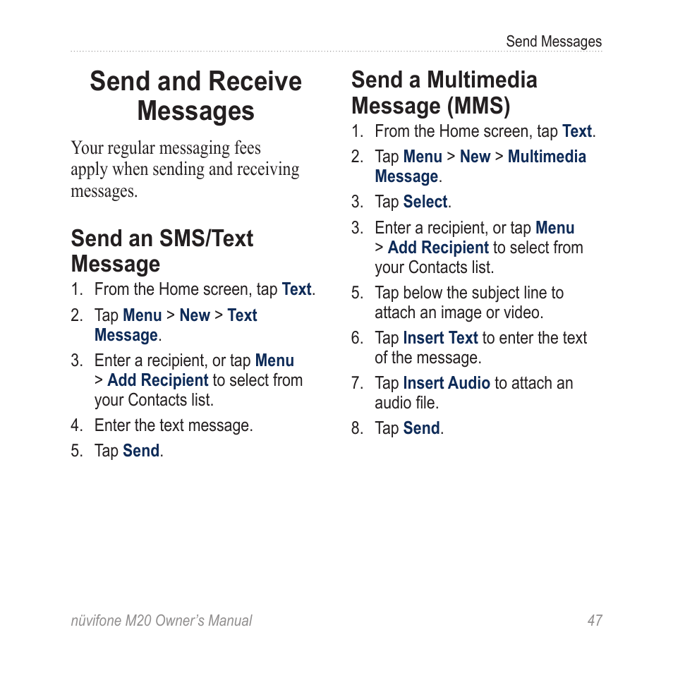 Send and receive messages, Send an sms/text message, Send a multimedia message (mms) | Graco NuviFone m20 User Manual | Page 55 / 114