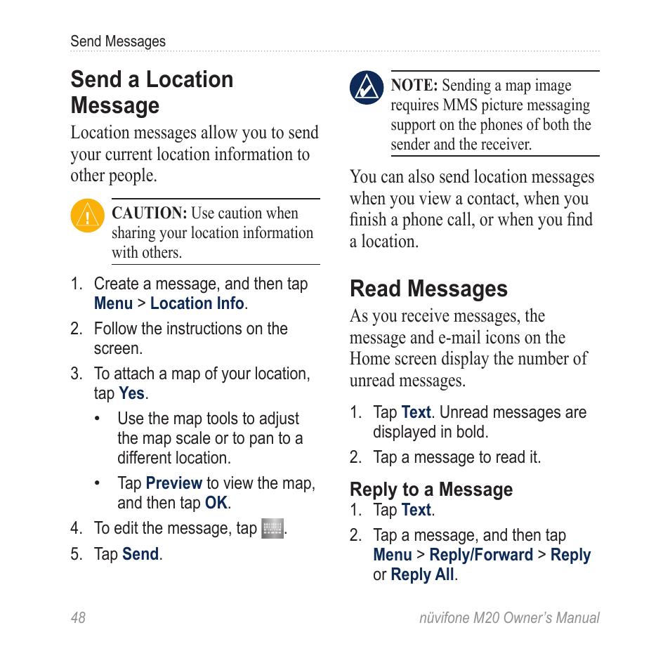 Send a location message, Read messages | Graco NuviFone m20 User Manual | Page 56 / 114