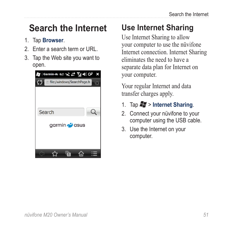 Search the internet, Use internet sharing | Graco NuviFone m20 User Manual | Page 59 / 114