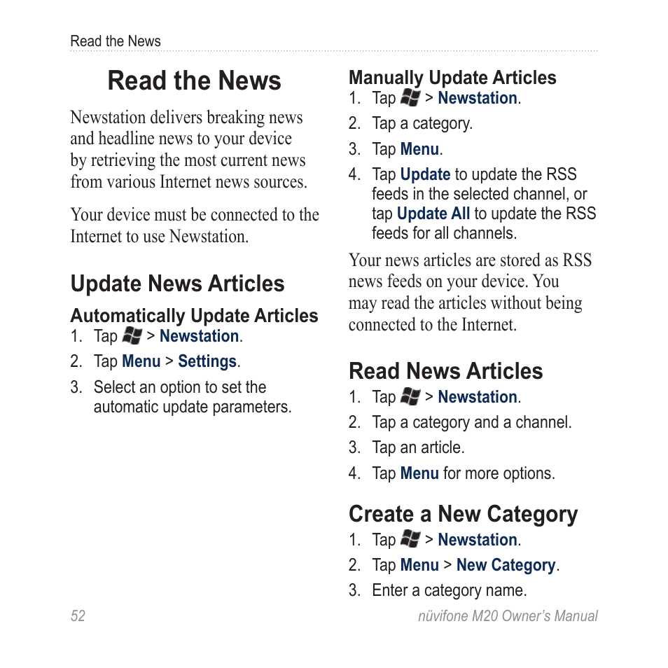 Read the news, Update news articles, Read news articles | Create a new category | Graco NuviFone m20 User Manual | Page 60 / 114