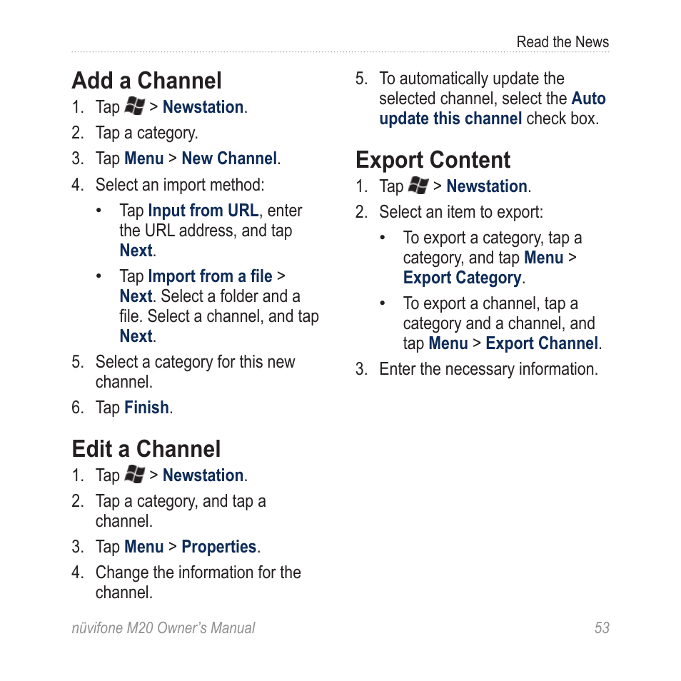 Add a channel, Edit a channel, Export content | Graco NuviFone m20 User Manual | Page 61 / 114