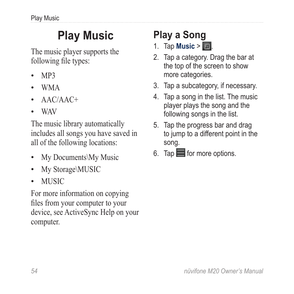 Play music, Play a song | Graco NuviFone m20 User Manual | Page 62 / 114