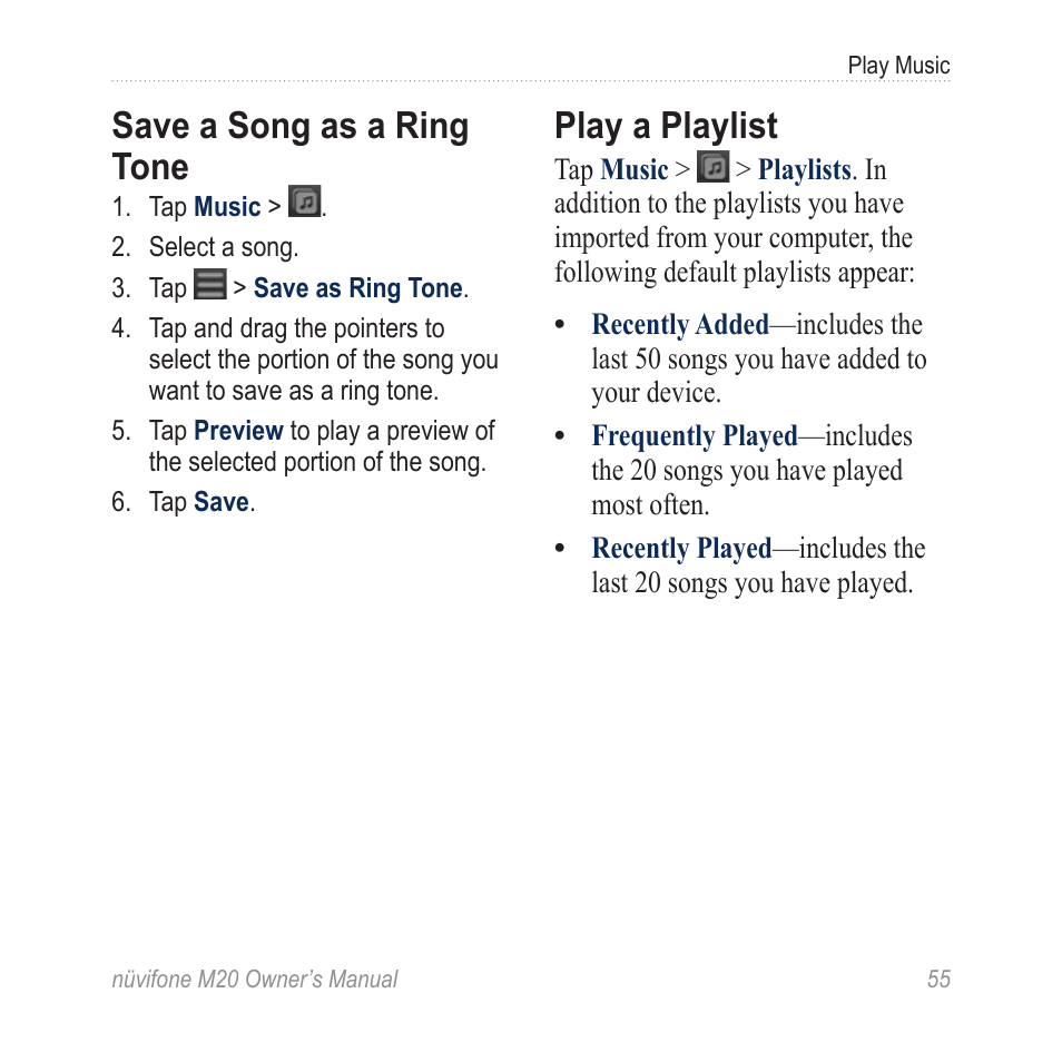Save a song as a ring tone, Play a playlist | Graco NuviFone m20 User Manual | Page 63 / 114