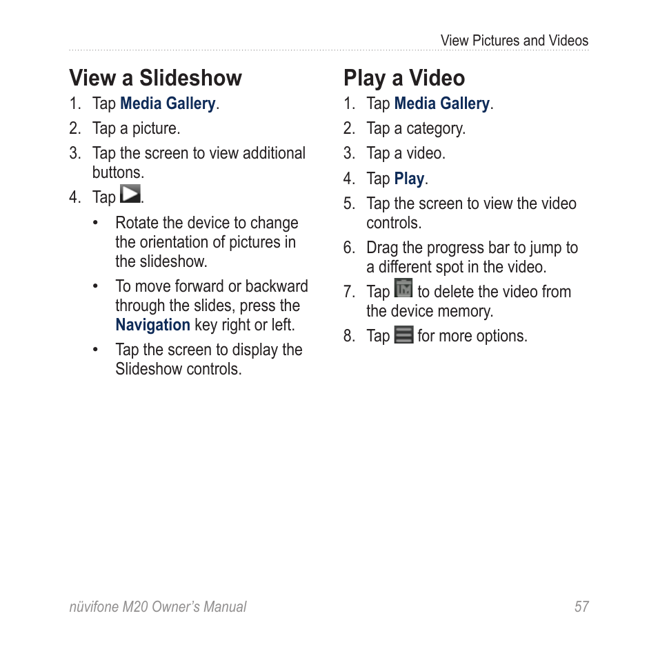 View a slideshow, Play a video | Graco NuviFone m20 User Manual | Page 65 / 114