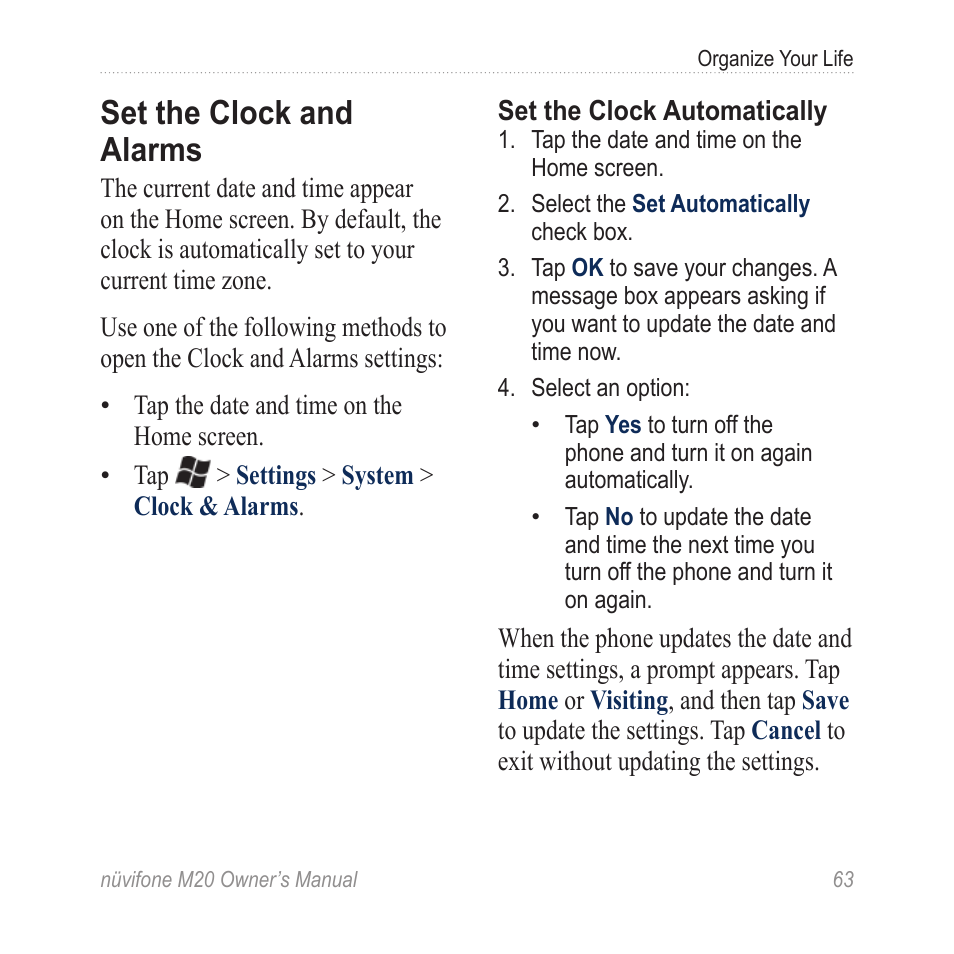 Set the clock and alarms | Graco NuviFone m20 User Manual | Page 71 / 114