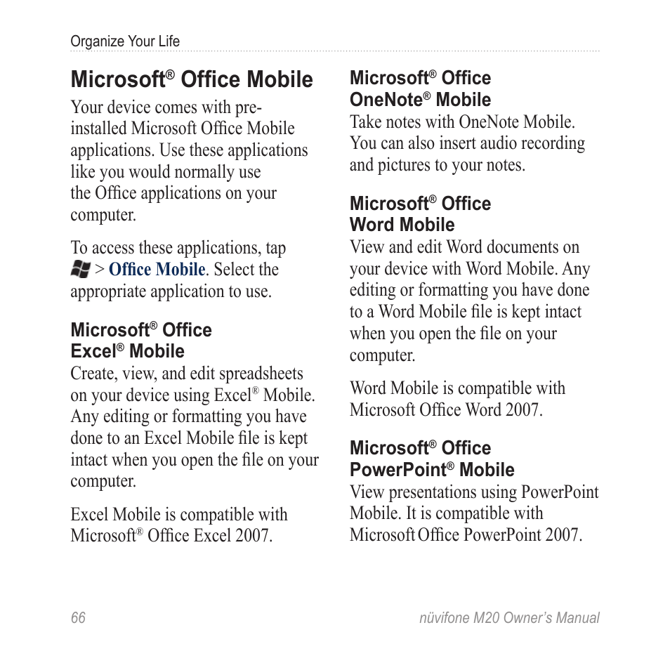 Microsoft® office mobile, Microsoft, Office mobile | Graco NuviFone m20 User Manual | Page 74 / 114