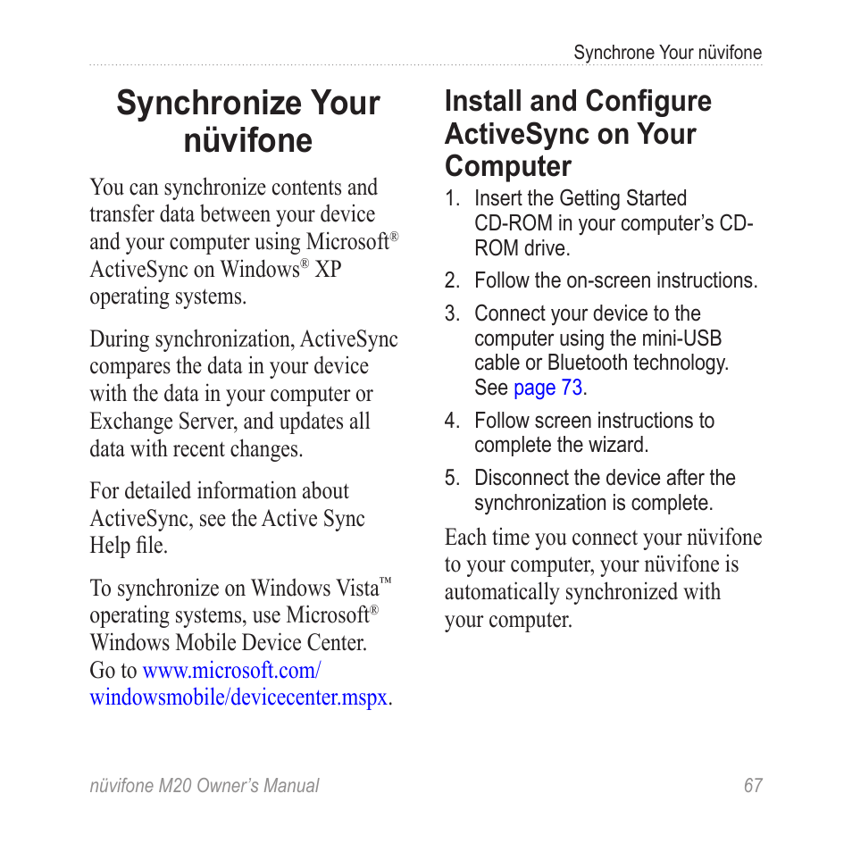 Synchronize your nüvifone, Install and configure activesync on your computer, Install and configure activesync on | Your computer | Graco NuviFone m20 User Manual | Page 75 / 114