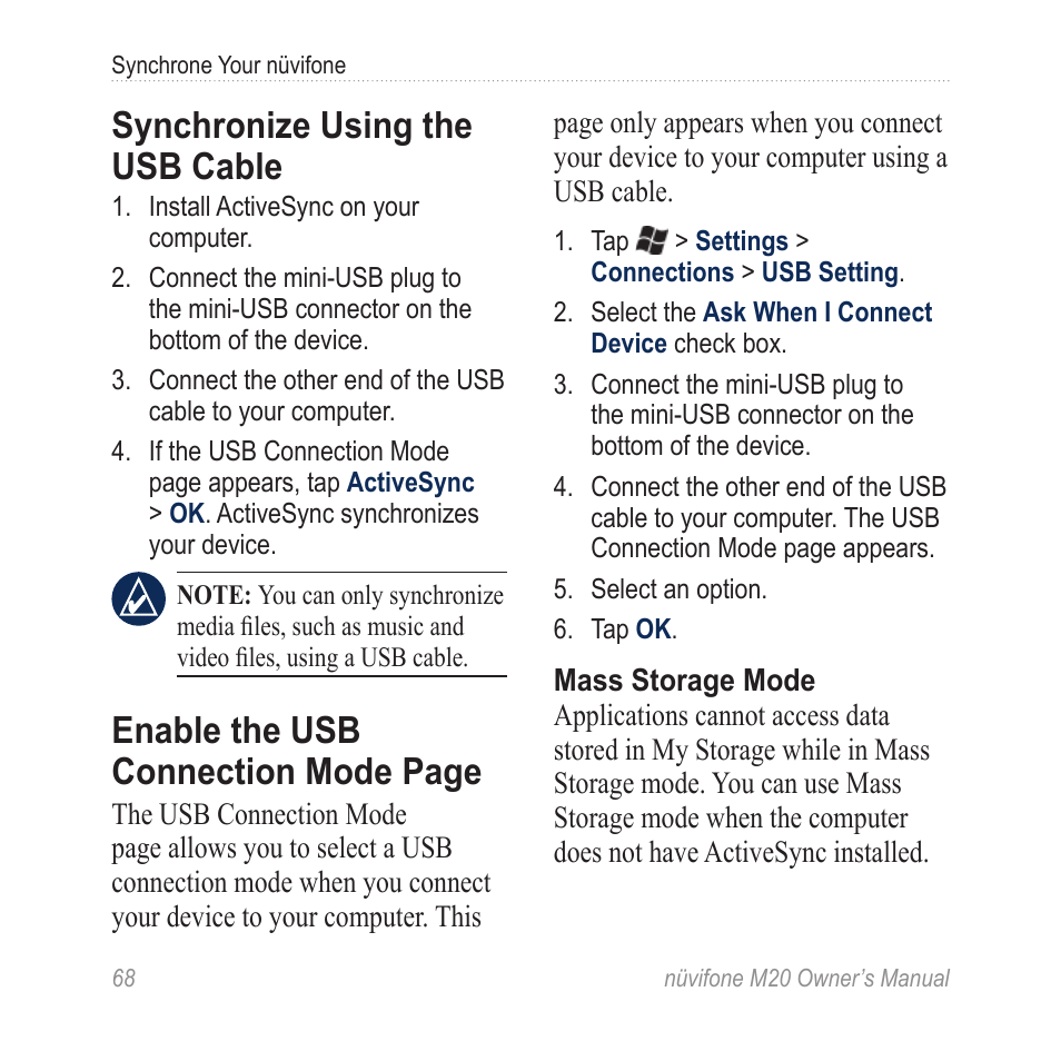 Synchronize using the usb cable, Enable the usb connection mode, Enable the usb connection mode page | Graco NuviFone m20 User Manual | Page 76 / 114