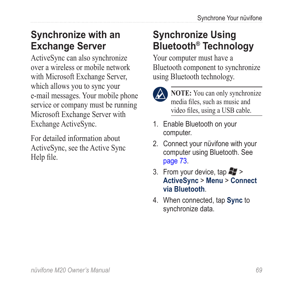 Synchronize with an exchange server, Synchronize using bluetooth® technology, Synchronize with an exchange | Server, Synchronize using bluetooth, Technology | Graco NuviFone m20 User Manual | Page 77 / 114