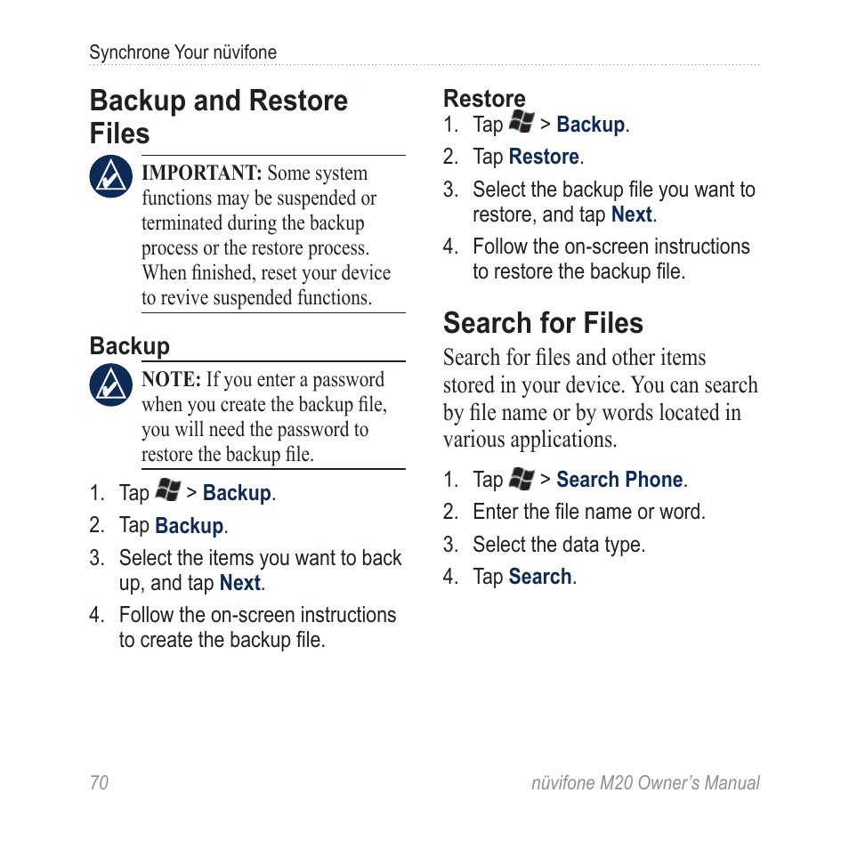 Backup and restore files, Search for files | Graco NuviFone m20 User Manual | Page 78 / 114