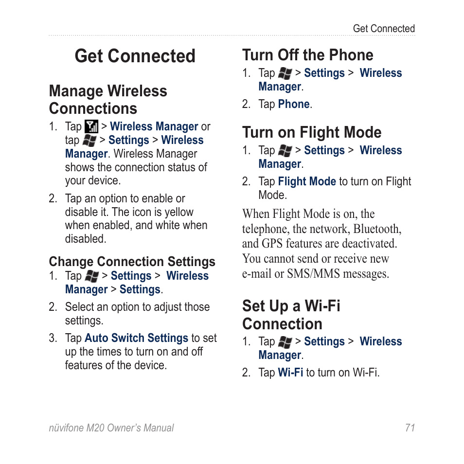 Get connected, Manage wireless connections, Turn off the phone | Turn on flight mode, Set up a wi‑fi connection, Set up a wi-fi connection | Graco NuviFone m20 User Manual | Page 79 / 114