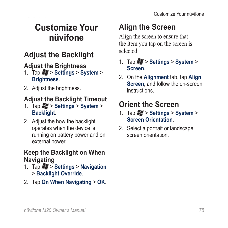 Customize your nüvifone, Adjust the backlight, Align the screen | Orient the screen | Graco NuviFone m20 User Manual | Page 83 / 114