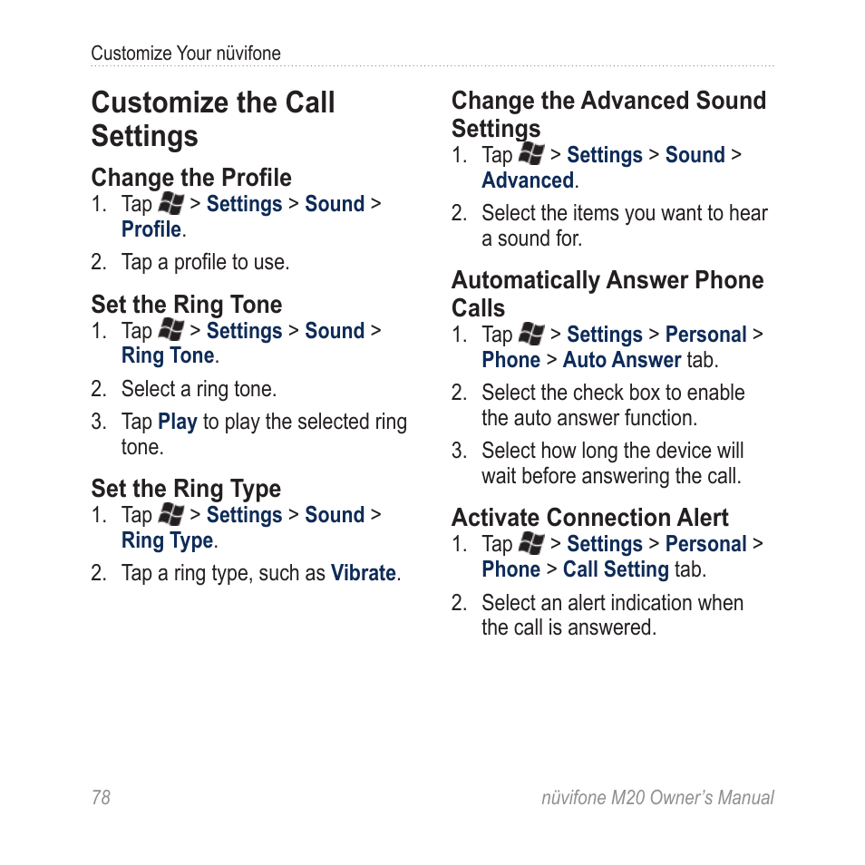 Customize the call settings | Graco NuviFone m20 User Manual | Page 86 / 114