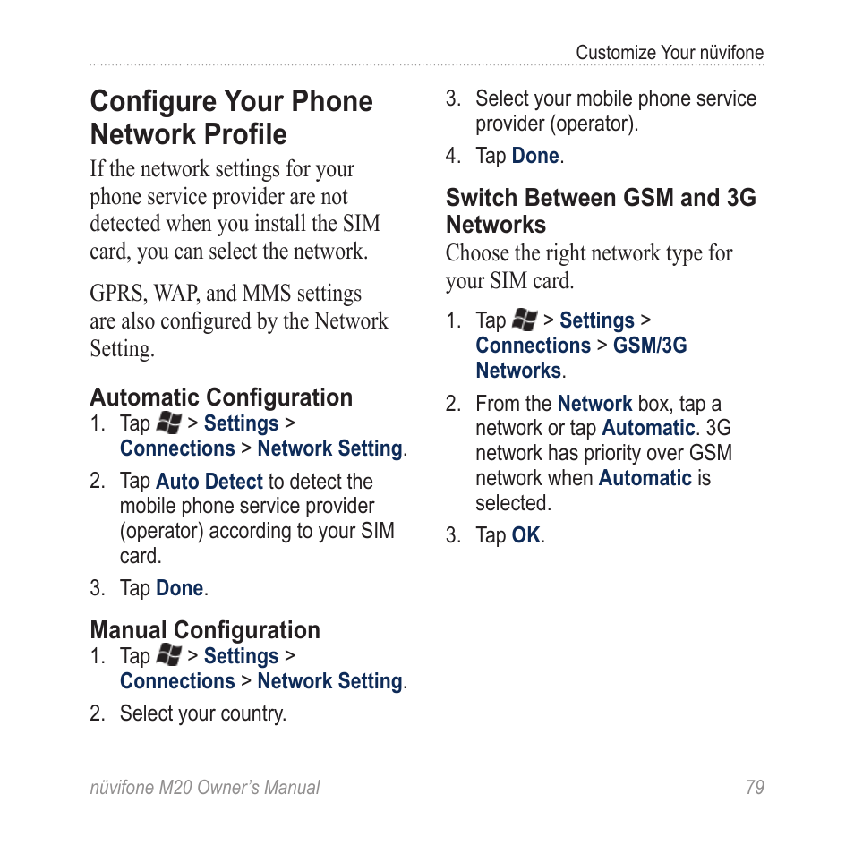 Configure your phone network profile, Configure your phone network, Profile | Graco NuviFone m20 User Manual | Page 87 / 114