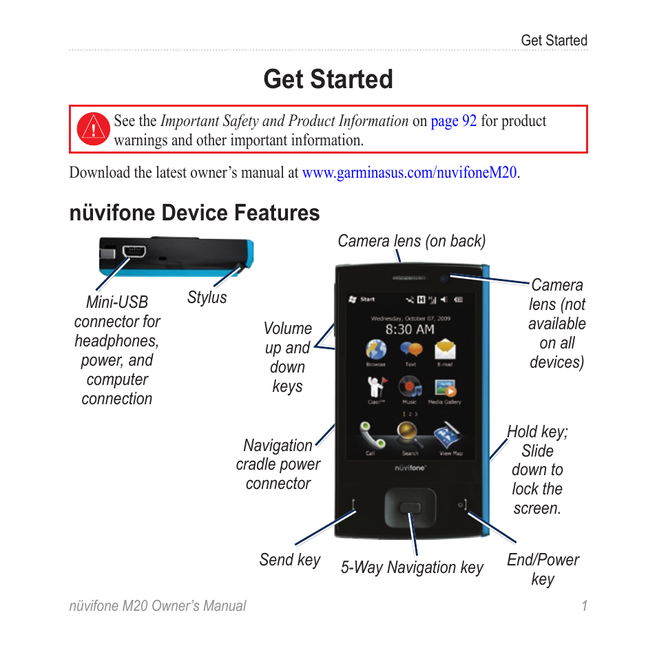 Get started, Nüvifone device features | Graco NuviFone m20 User Manual | Page 9 / 114