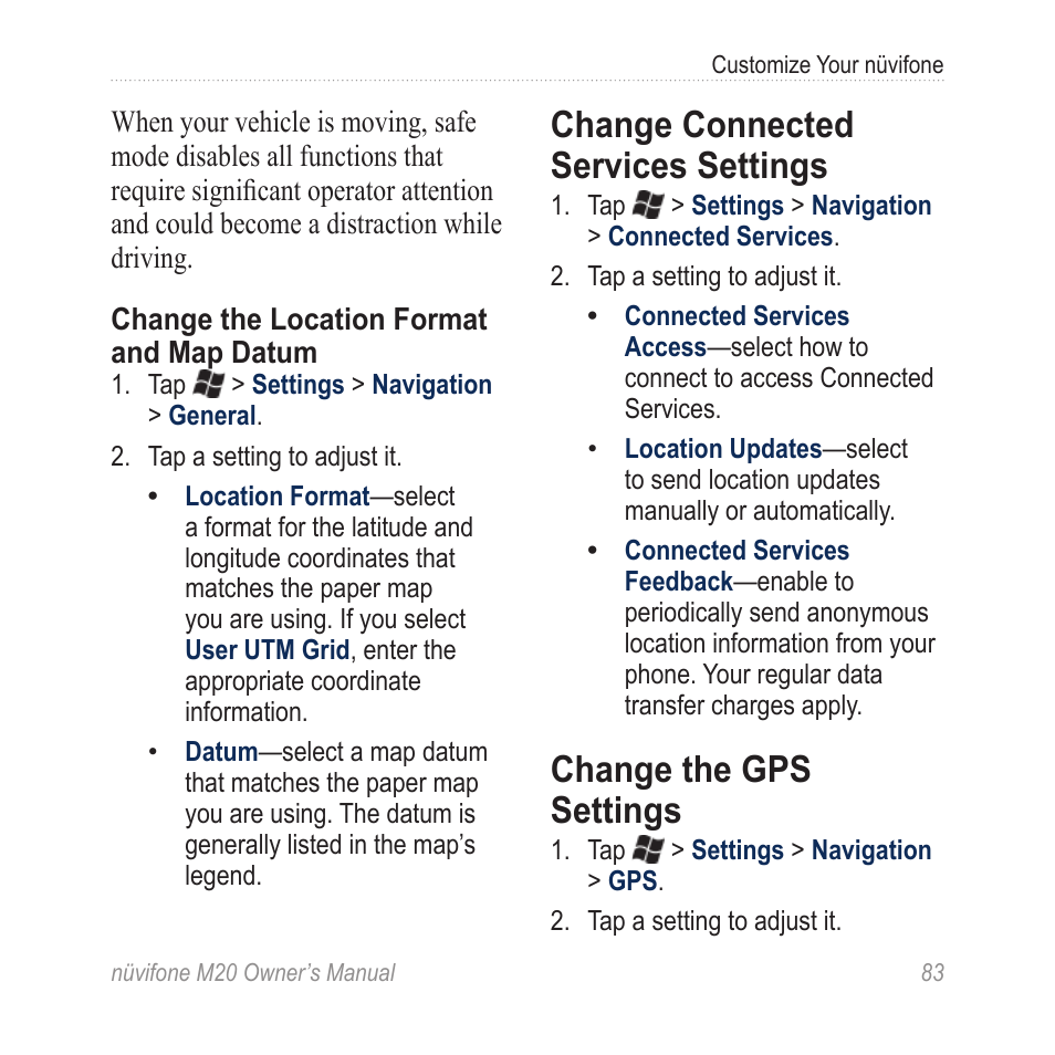 Change connected services settings, Change the gps settings | Graco NuviFone m20 User Manual | Page 91 / 114