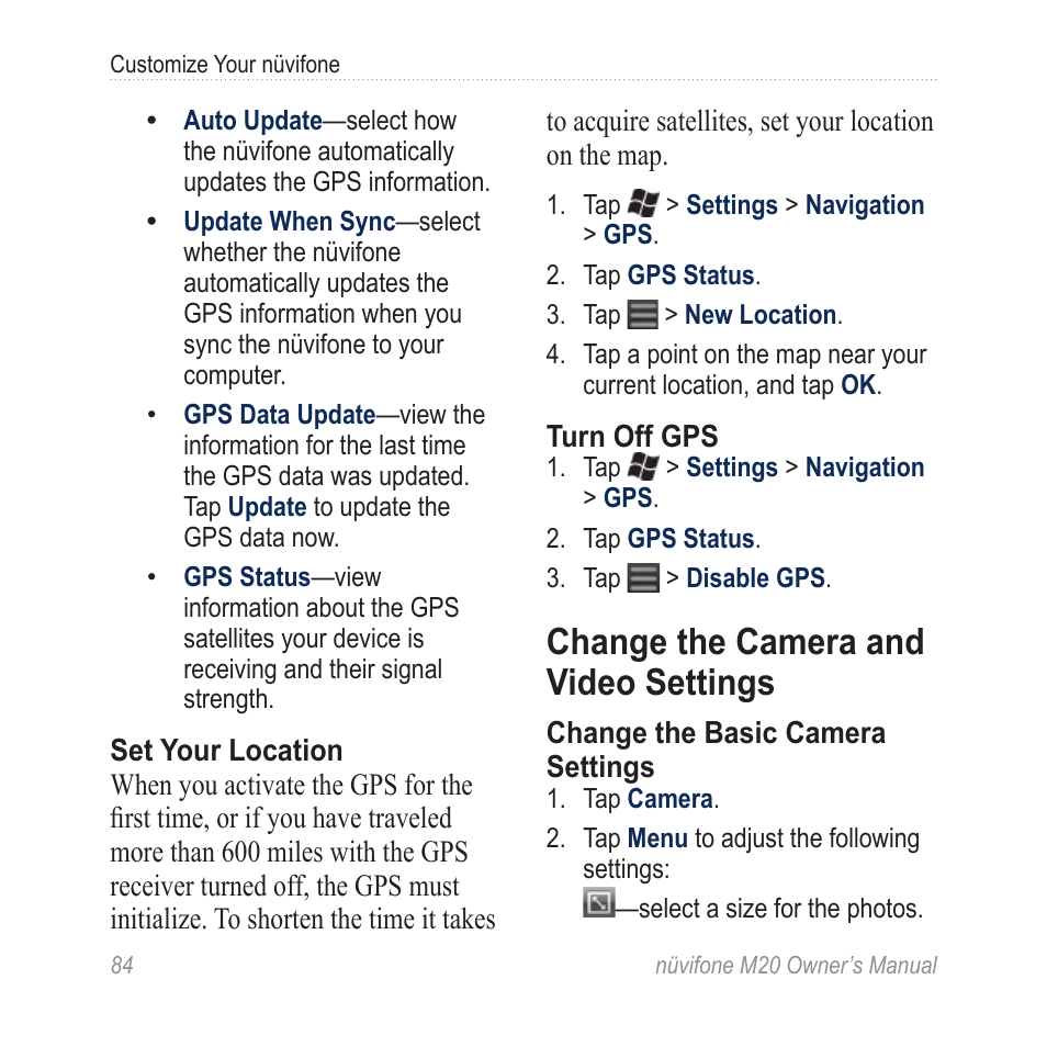 Change the camera and video settings, Change the camera and video, Settings | Graco NuviFone m20 User Manual | Page 92 / 114