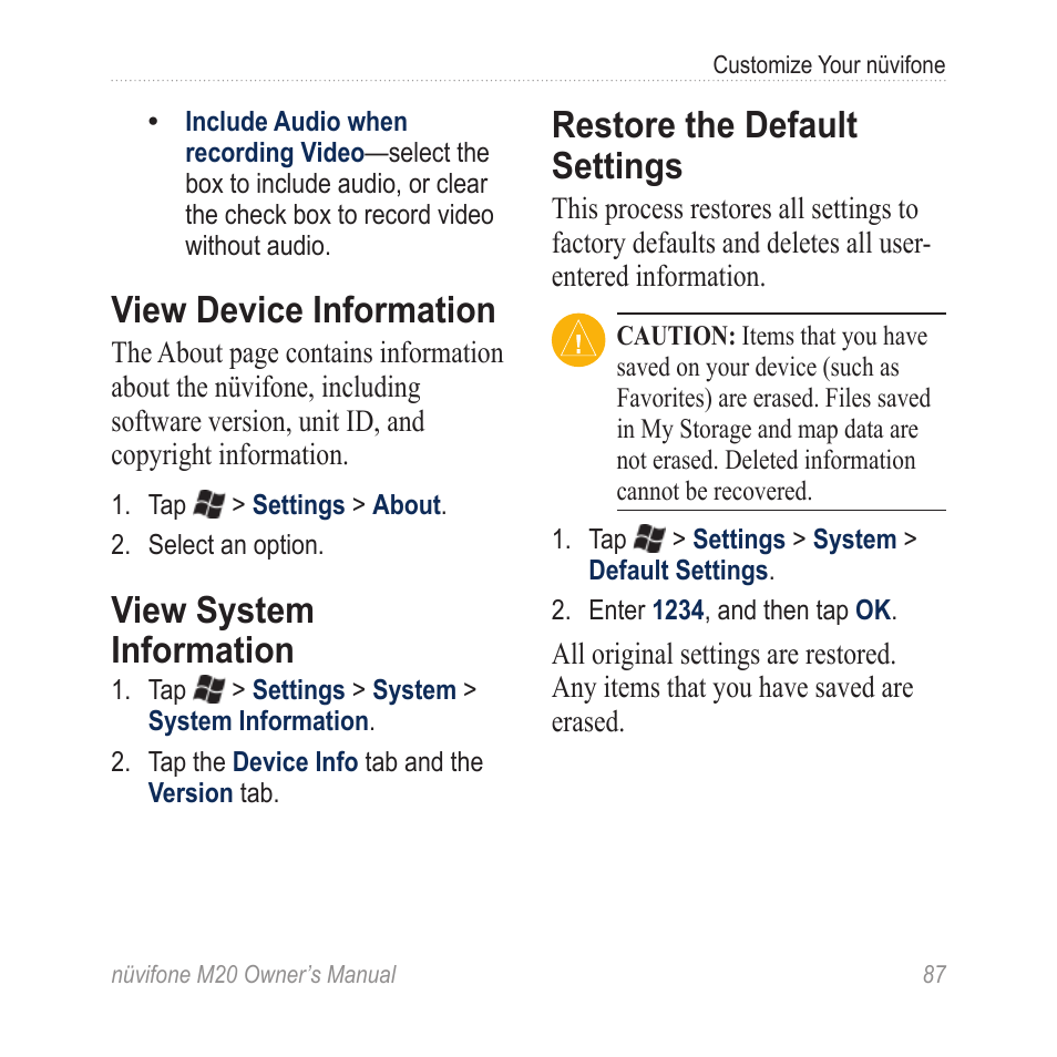 View device information, View system information, Restore the default settings | Graco NuviFone m20 User Manual | Page 95 / 114