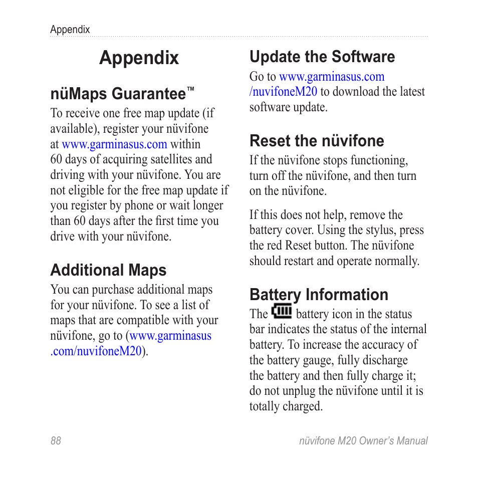Appendix, Nümaps guarantee, Additional maps | Update the software, Reset the nüvifone, Battery information | Graco NuviFone m20 User Manual | Page 96 / 114