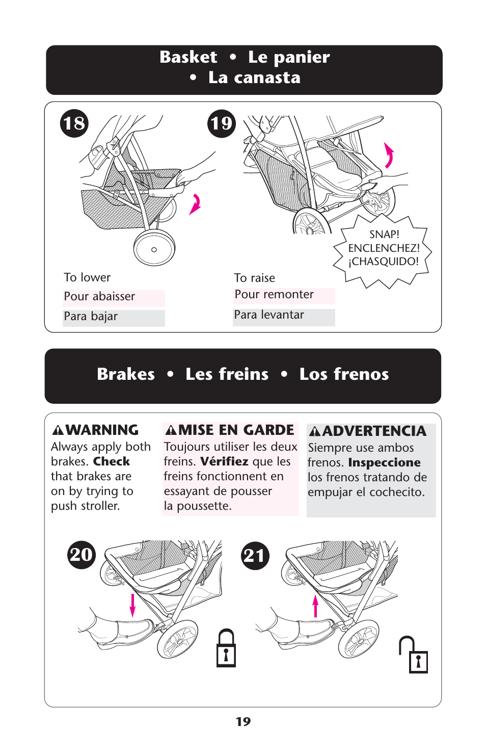 Basket • le panier • la canasta, Brakes • les freins • los frenos | Graco 7255JJB3 User Manual | Page 19 / 112