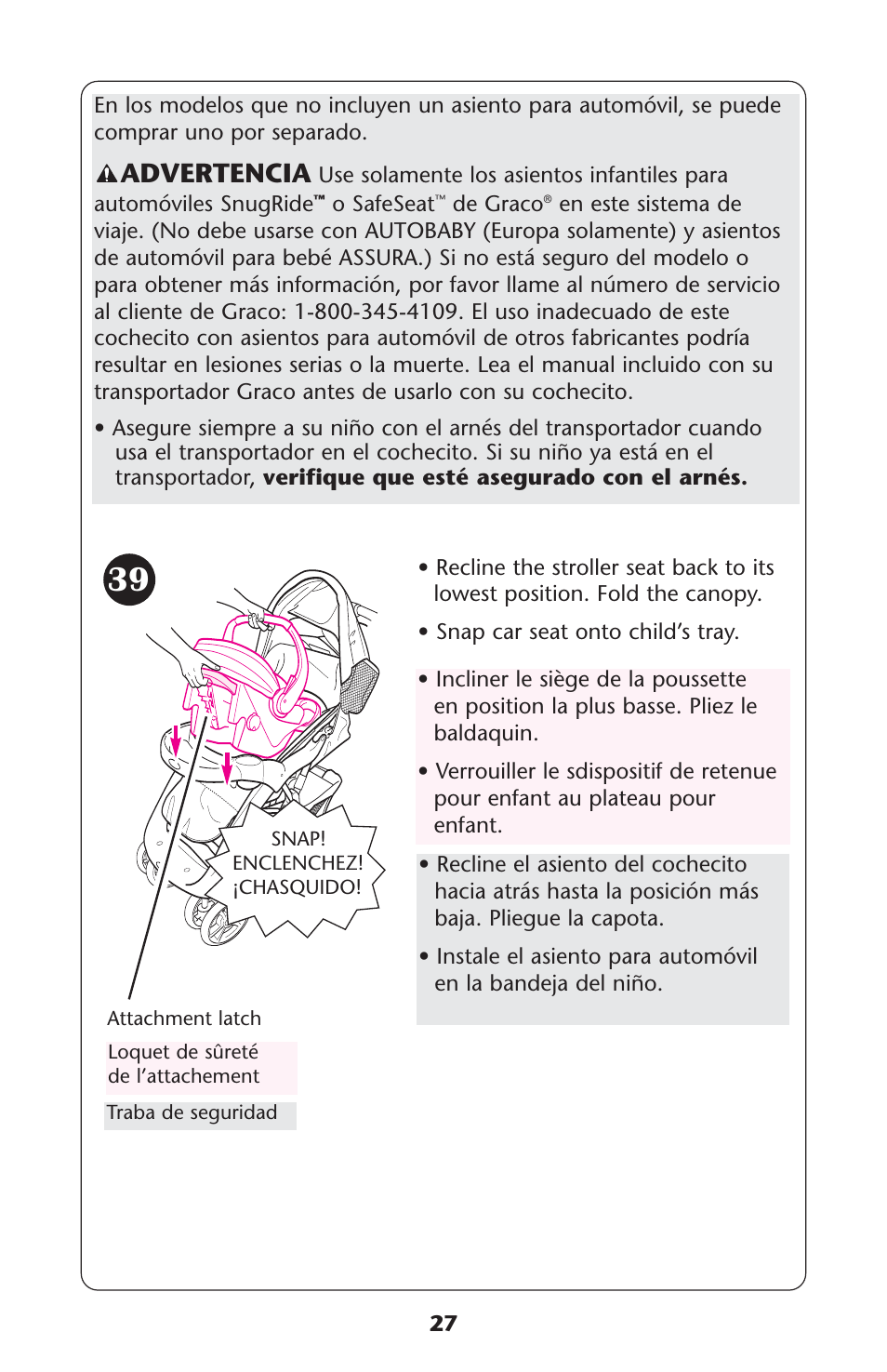 Advertencia | Graco 7255JJB3 User Manual | Page 27 / 112