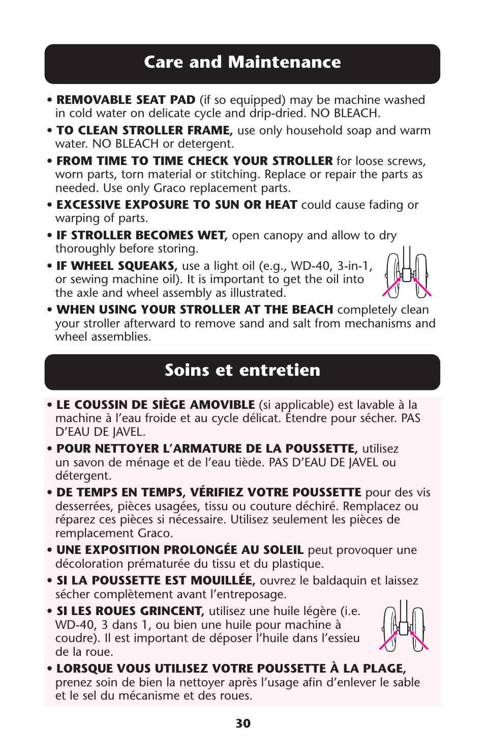 Care and maintenance, Soins et entretien | Graco 7255JJB3 User Manual | Page 30 / 112
